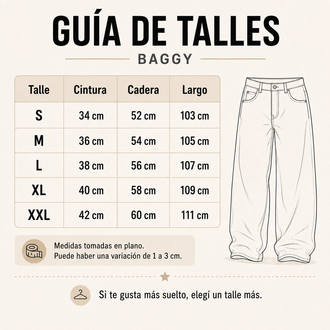 Tabla de talles de los baggys